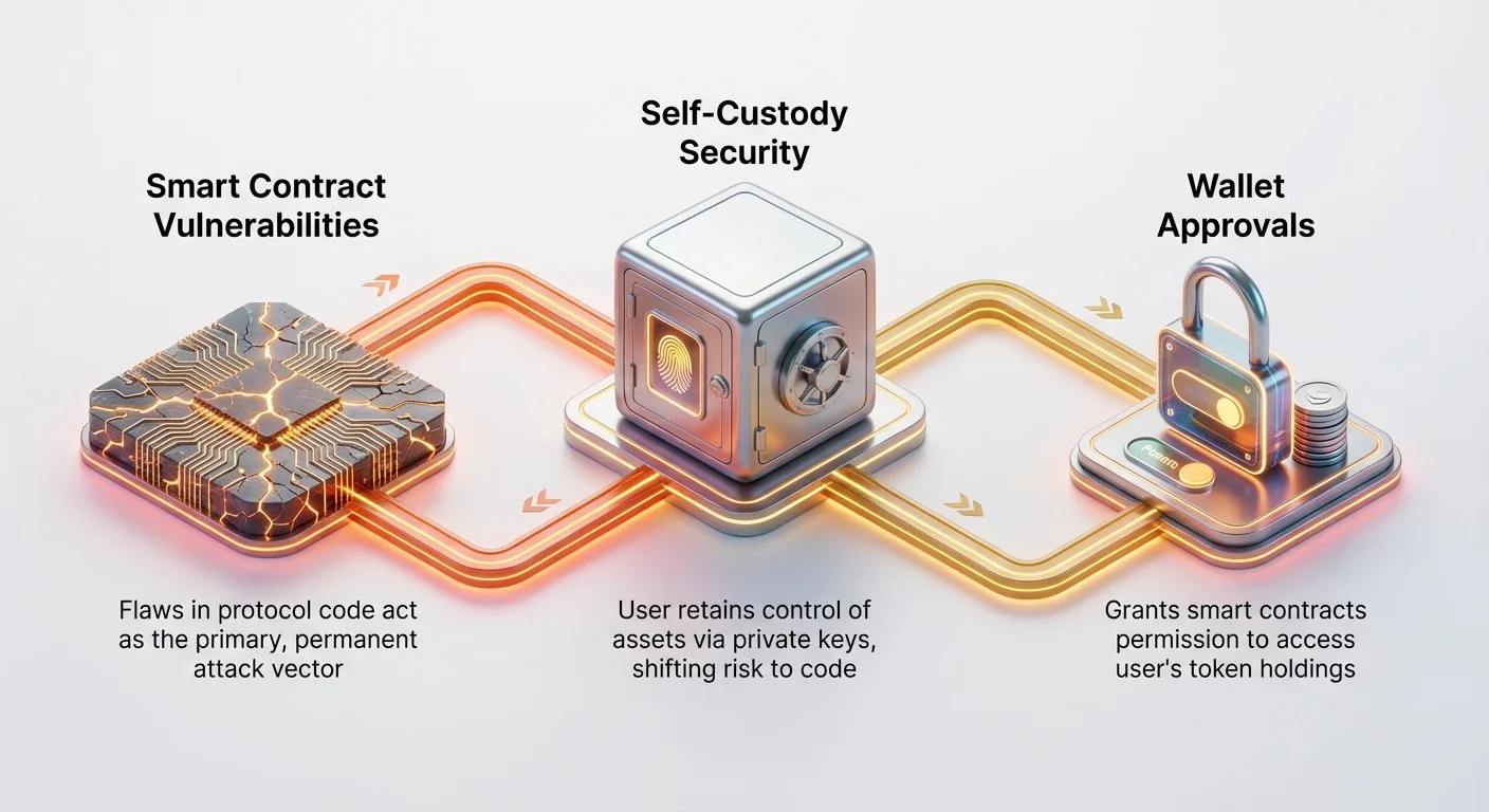 Infographic overview of security shift in DEX: users control self-custody but assume risks from smart contract code and wallet permissions.