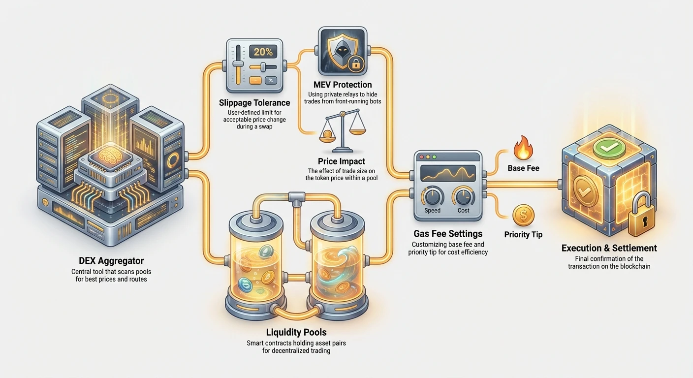 Detailed flowchart of optimized DEX swap workflow from aggregator scanning liquidity pools, through slippage tolerance, MEV protection, price impact, gas settings, to blockchain execution and settlement.