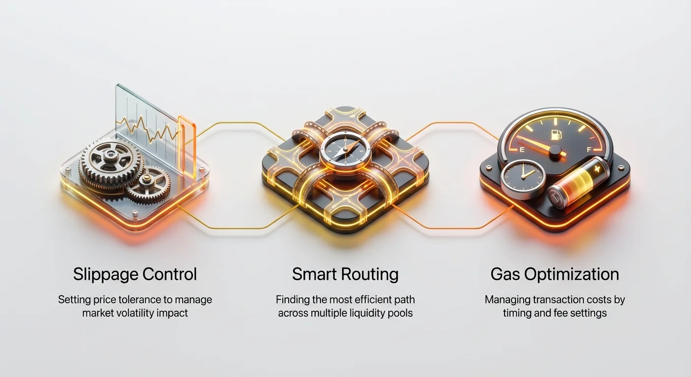 Simple overview infographic highlighting three DEX swap optimization pillars: slippage control for volatility, smart routing across pools, and gas optimization for fees, with connected icons.
