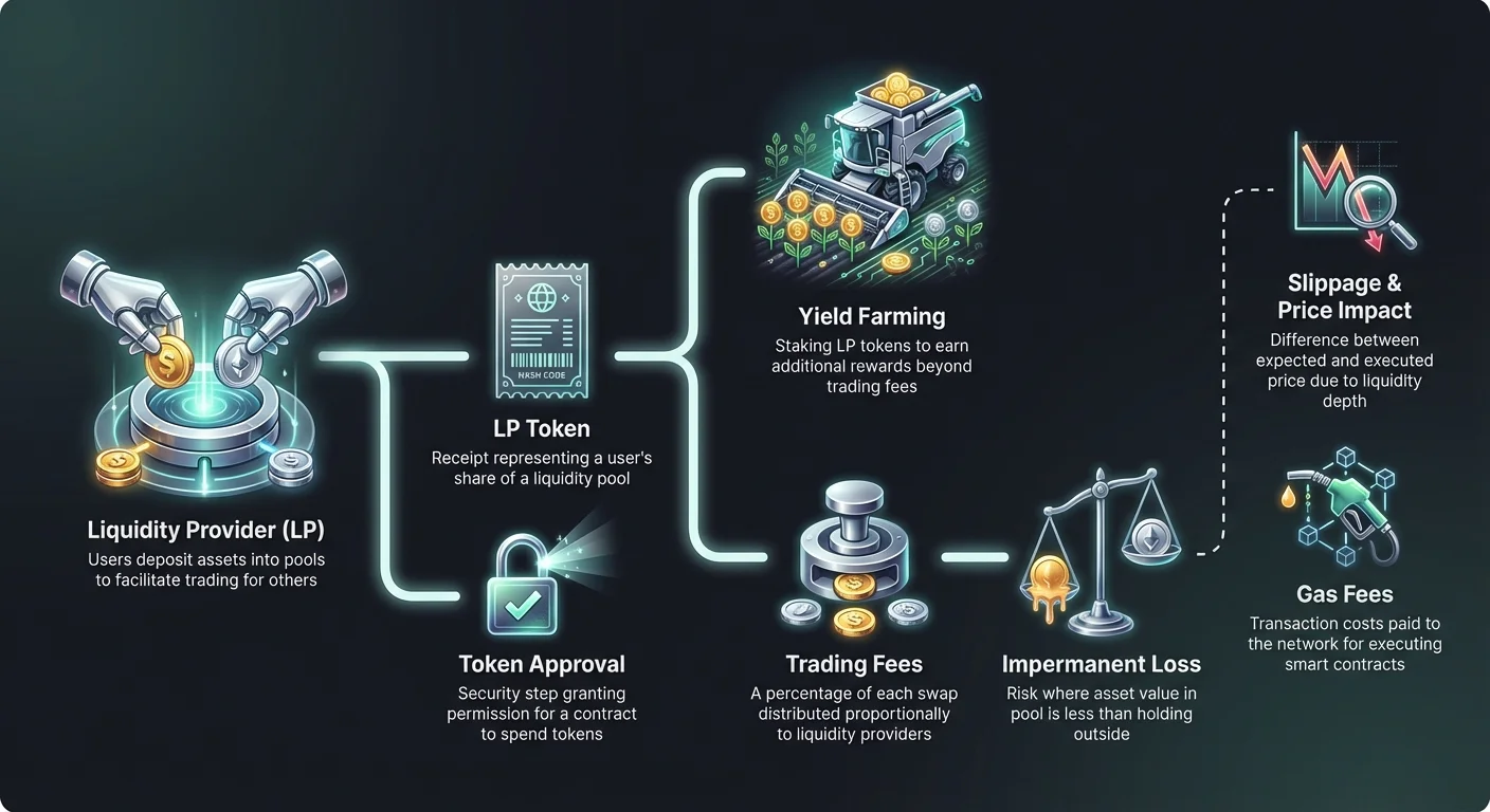 Detailed diagram mapping the liquidity provider's journey on a DEX, from depositing assets to earning fees and yield, highlighting risks like impermanent loss and slippage.