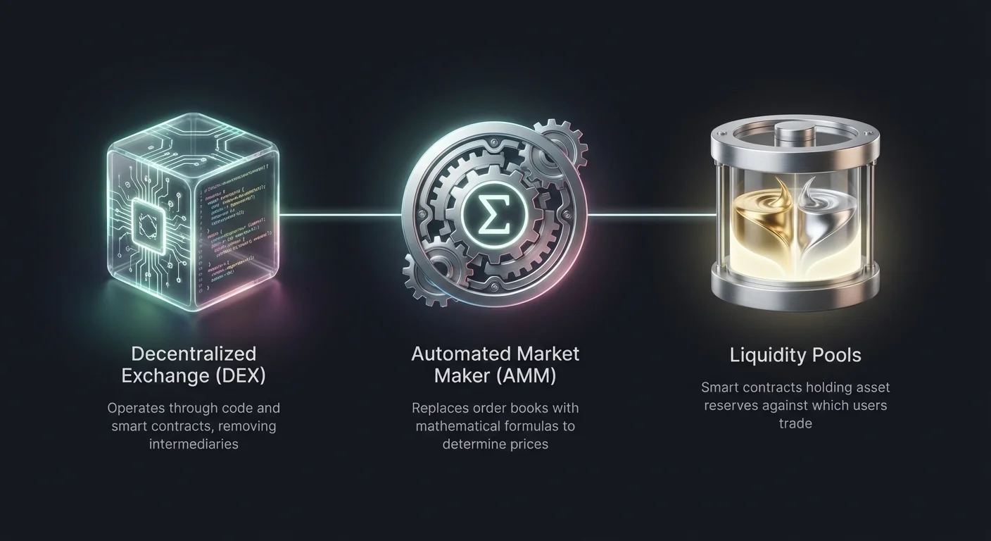 High-level infographic overview of decentralized exchange mechanics, from user-facing platform to underlying smart contracts.