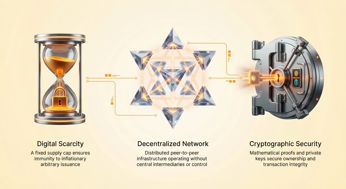 Three-part infographic on cream background with orange accents: left shows hourglass with padlock for digital scarcity; center, glowing crystal network for decentralization; right, vault door with key for security; orange lines connect them.