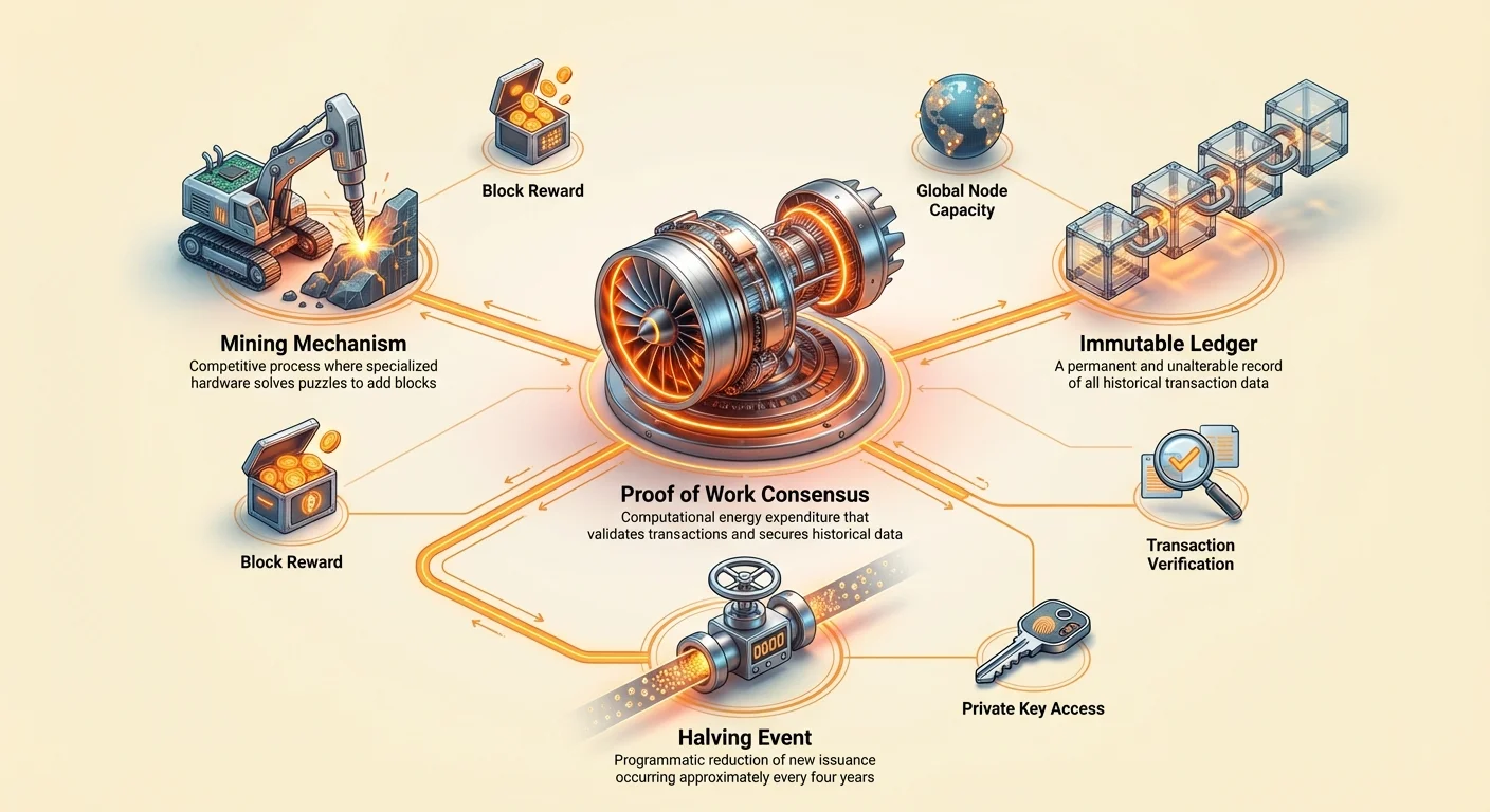 Hub-and-spoke infographic on Bitcoin's Proof of Work consensus mechanism, featuring central turbine node and radiating icons for mining, immutable ledger, halving, and more on cream background with orange connections.