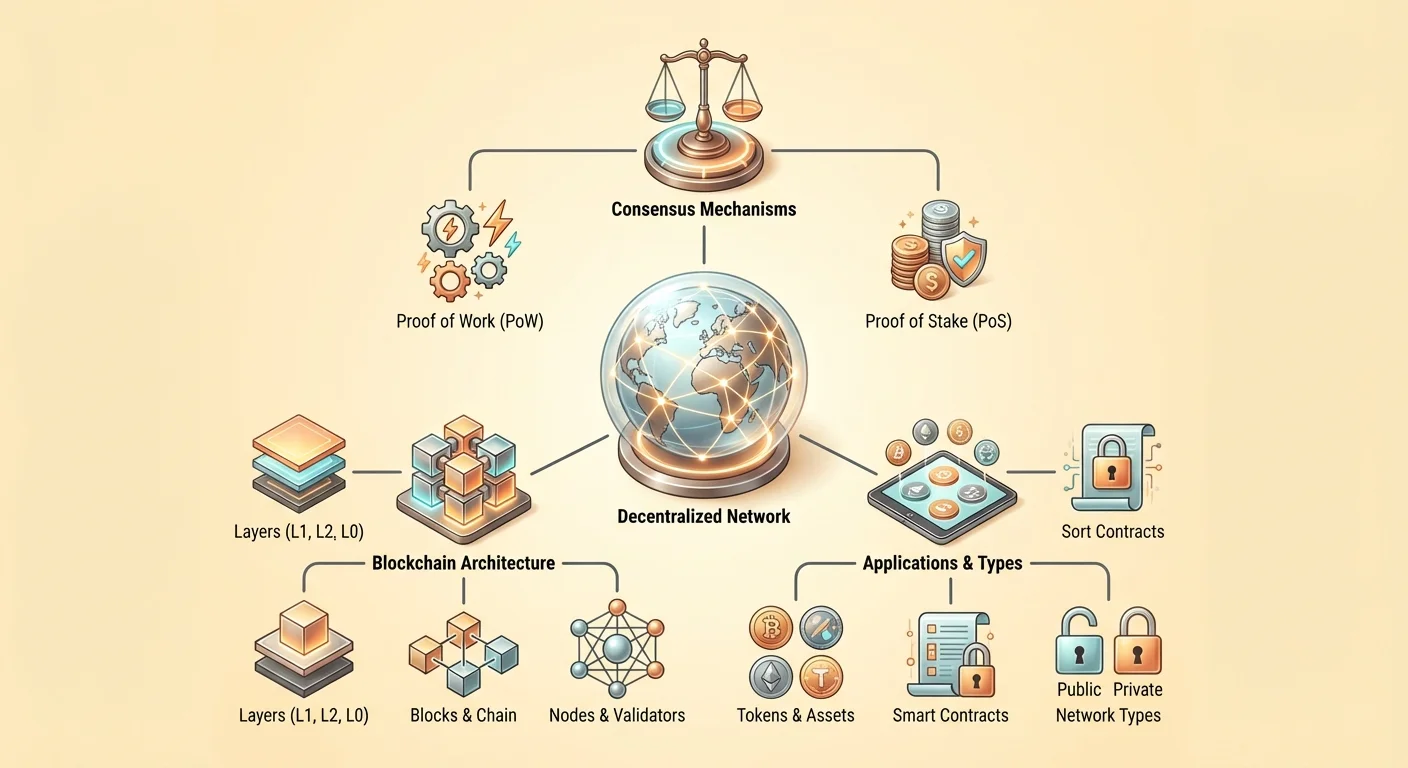 Hub-and-spoke infographic of decentralized network, featuring consensus mechanisms like PoW and PoS, blockchain architecture, layers L0-L2, nodes, validators, smart contracts, tokens, and public-private network types.