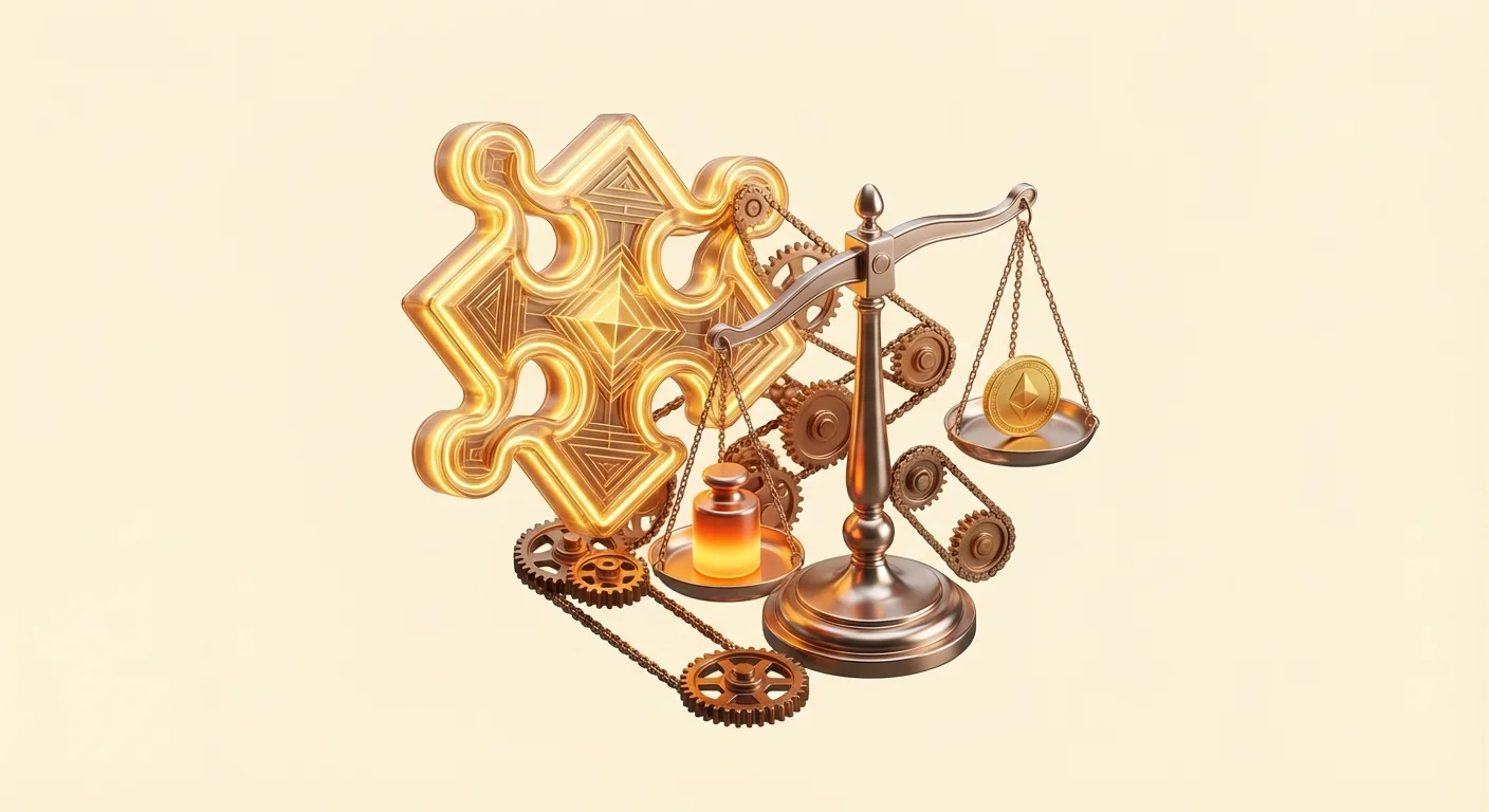 Stylized puzzle piece for Proof of Work intertwined with balance scale for Proof of Stake, connected by gears and chains with a glowing coin symbolizing consensus mechanisms.