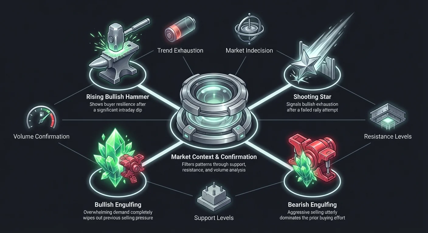 Detailed infographic on candlestick pattern context and confirmation matrix, featuring rising bullish hammer, shooting star, engulfing patterns, trend exhaustion, market indecision, volume, support, and resistance levels.