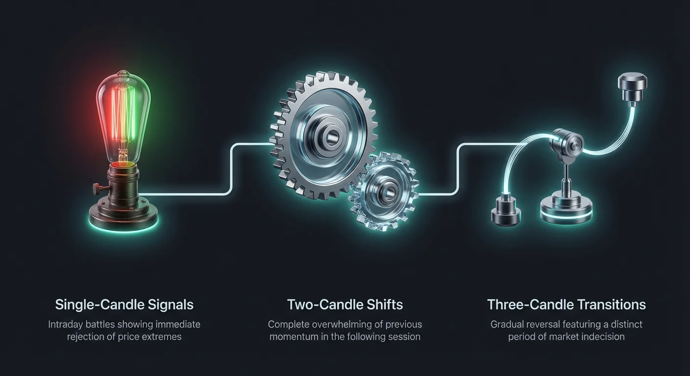 Infographic titled 'Candlestick Reversal Categories' explaining single-candle signals as intraday price rejections, two-candle shifts as momentum overwhelms, and three-candle transitions as gradual reversals with market indecision.