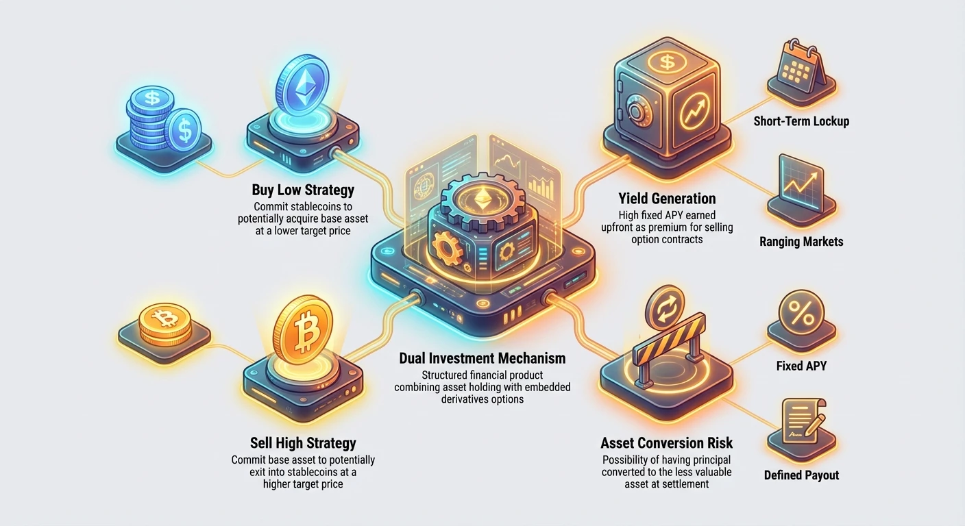 Detailed infographic comparing Buy Low and Sell High strategies in Dual Investment, showing yield generation from options, asset conversion risk, fixed APY, and benefits for ranging markets.