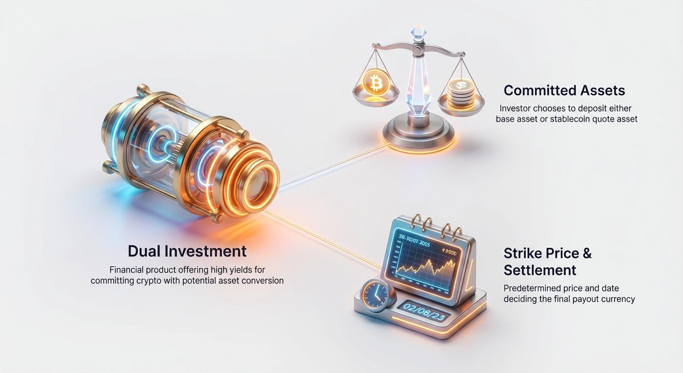 Infographic overview of Dual Investment crypto product, featuring committed assets choices like base or stablecoin, and key strike price with settlement parameters for payouts.