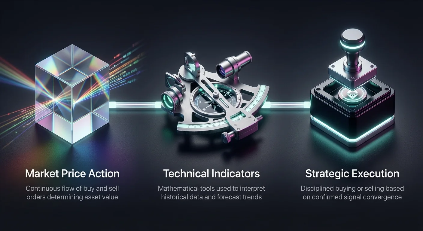 Infographic illustrating the three-step dynamic trend following process in cryptocurrency trading: market price action, technical indicators, and strategic execution.
