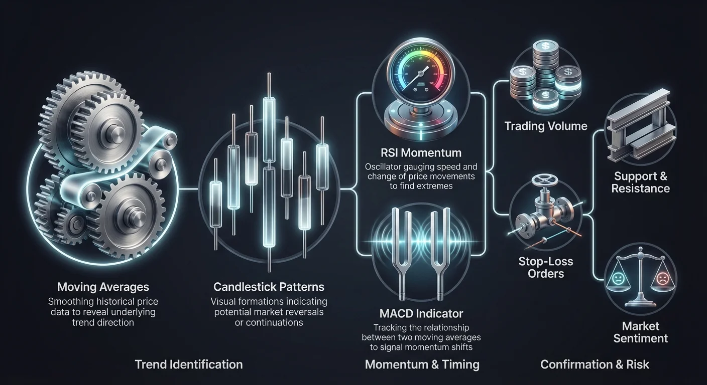 Infographic of crypto trader's toolkit grouped into trend identification, momentum timing, and confirmation risk categories, featuring moving averages, candlesticks, RSI, MACD, volume, and more.