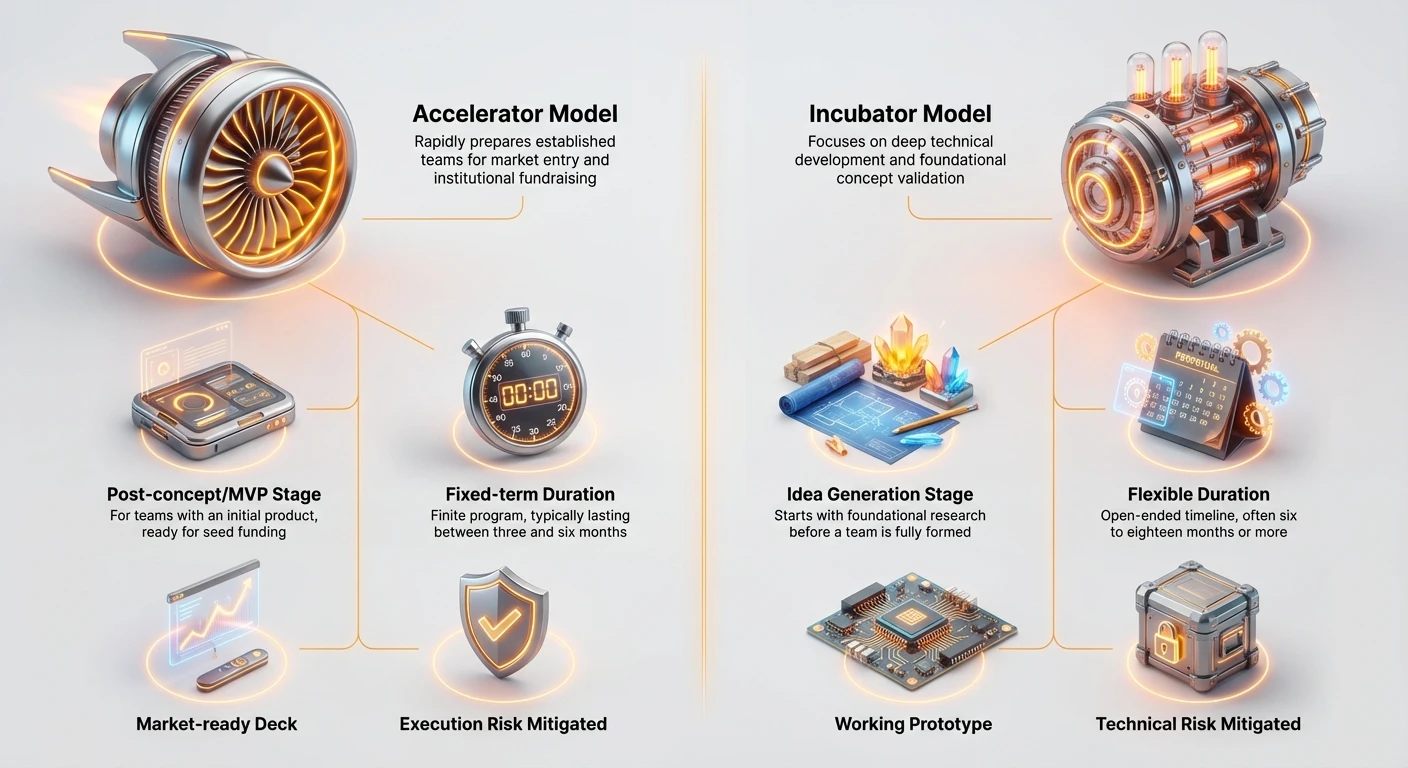 Side-by-side infographic comparing accelerator and incubator models in early-stage crypto funding, highlighting differences in stage focus, program duration, and risks mitigated.