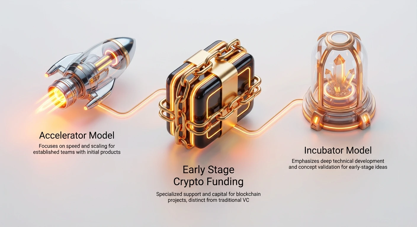 High-level infographic of early stage crypto funding, branching from central concept to accelerator model with rocket icon and incubator model with nurturing pod.