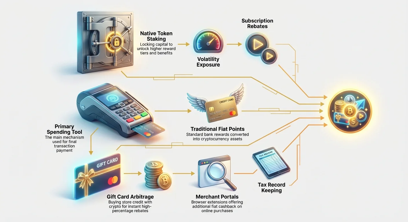 Detailed infographic depicting layered funnel for crypto cashback stacking strategy, featuring native staking, gift card arbitrage, spending tools, merchant portals, fiat points, volatility, rebates, and tax details.