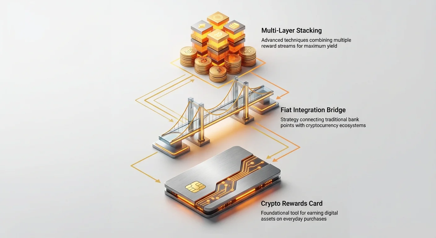 Simple infographic showing upward stack: crypto rewards card for everyday digital asset earnings, fiat integration bridge linking bank points to crypto, and multi-layer stacking for maximum rewards.