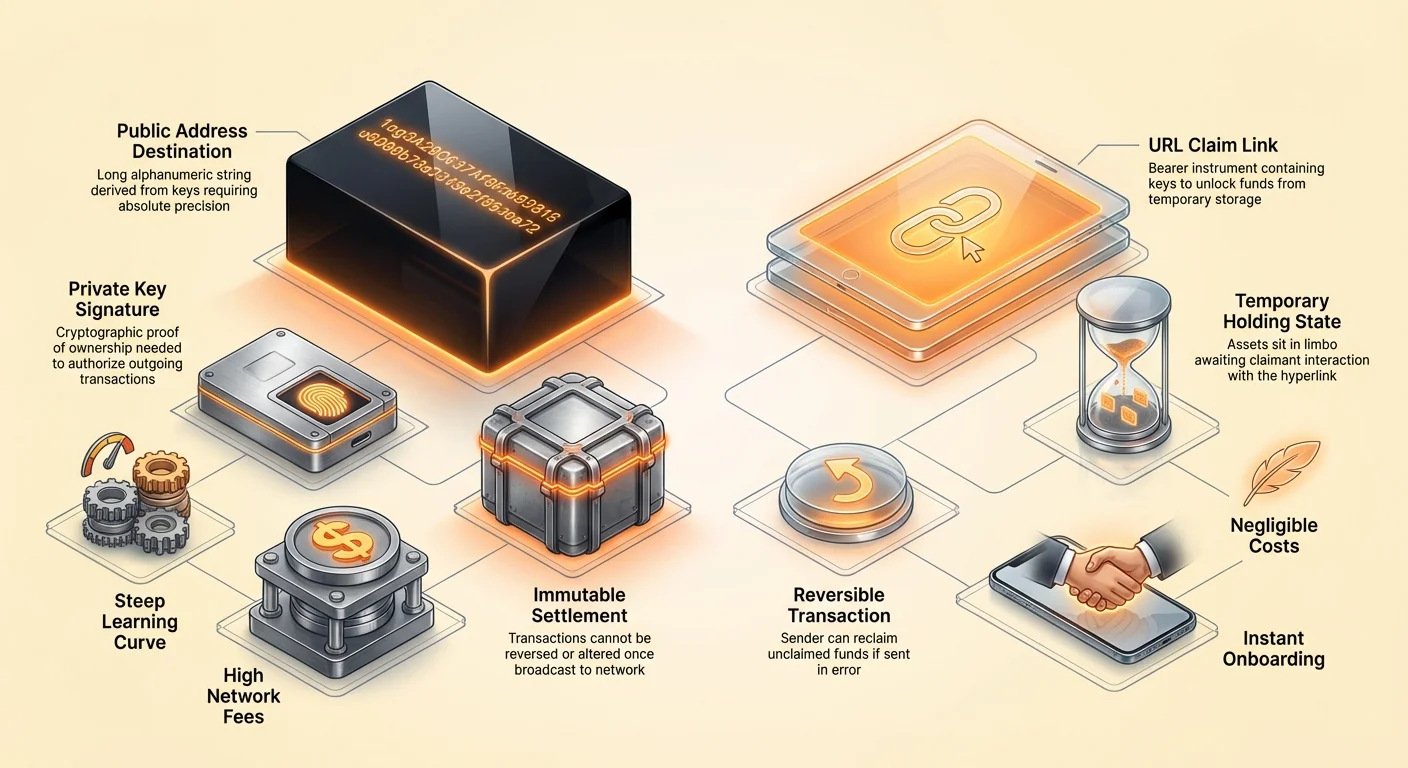 Infographic comparing standard wallet transfers with public addresses, private keys, immutable settlements, high fees, and steep learning curve against shareable link transfers with URL claims, temporary holds, reversibility, low costs, and instant onboarding.