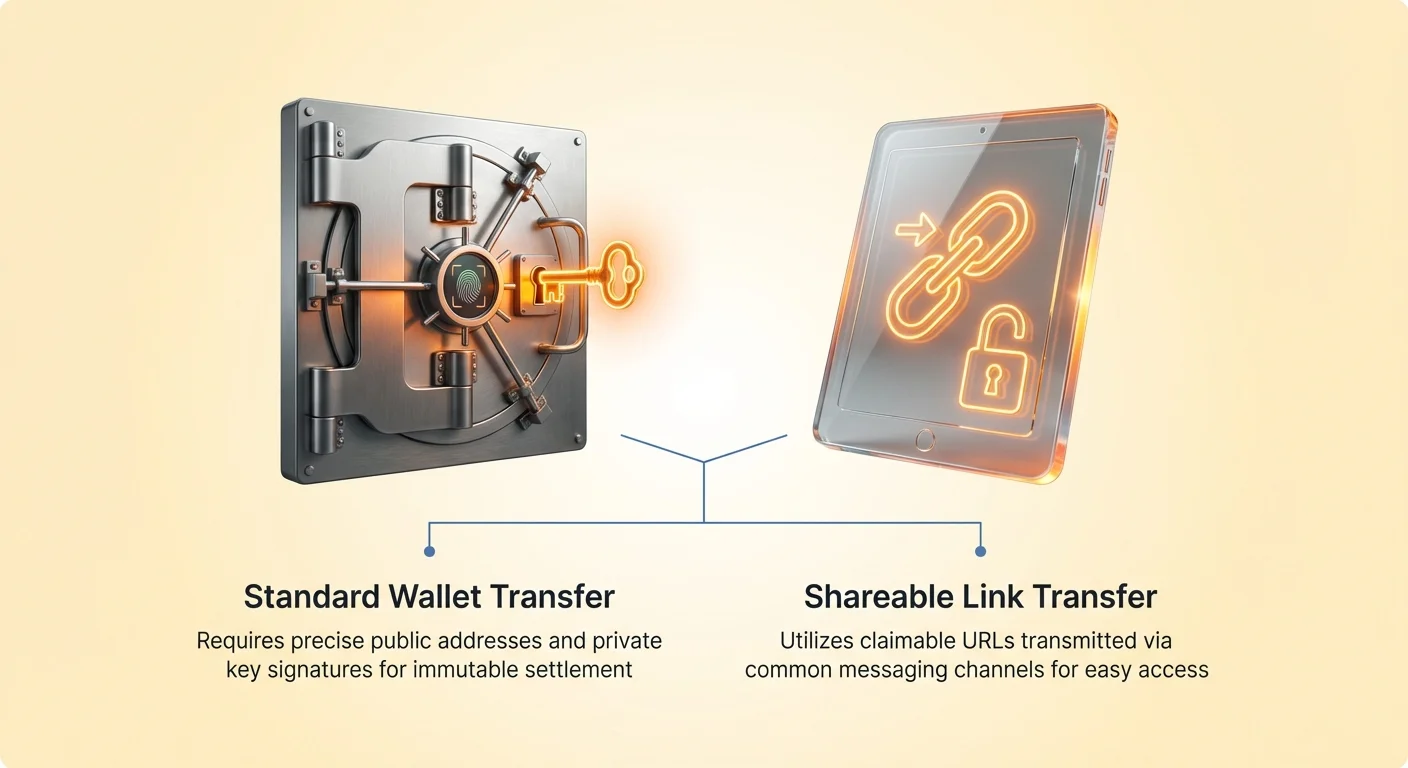 Simple infographic diagram contrasting Standard Wallet Transfer requiring precise public addresses and private key signatures for immutable settlement, versus Shareable Link Transfer using claimable URLs via messaging for easy access.
