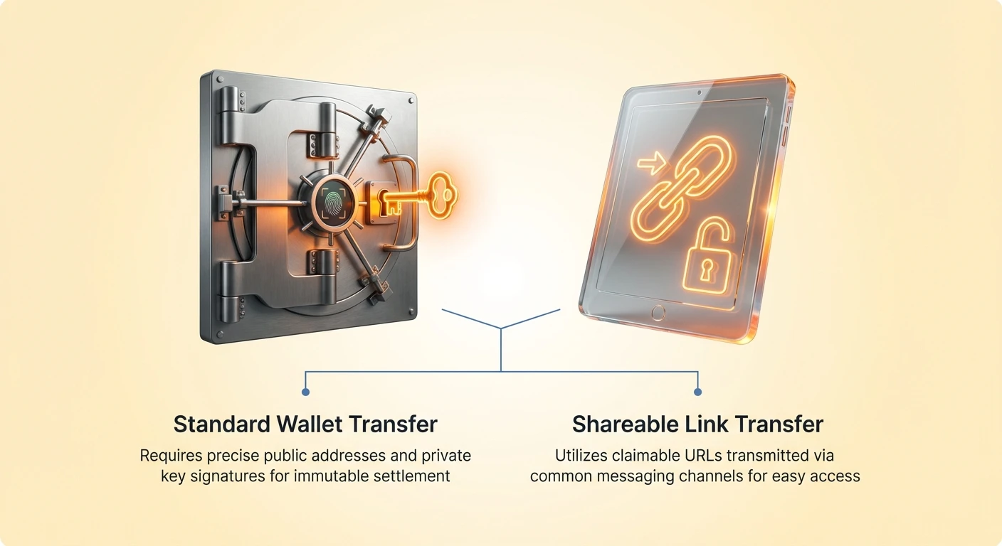 Simple infographic diagram contrasting Standard Wallet Transfer requiring precise public addresses and private key signatures for immutable settlement, versus Shareable Link Transfer using claimable URLs via messaging for easy access.