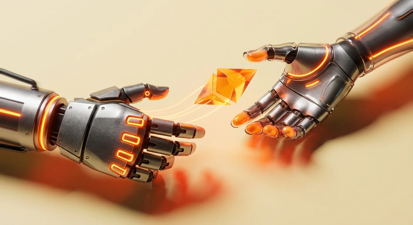 Thumbnail of two stylized mechanical hands exchanging a glowing faceted object representing cryptocurrency, mid-air with orange light trails emphasizing fluid peer-to-peer transfer.