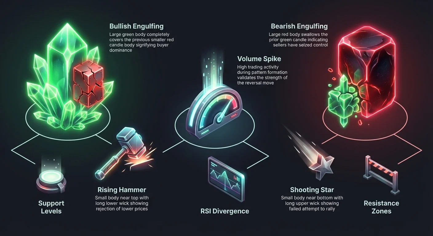 Detailed infographic comparing bullish engulfing and rising hammer against bearish engulfing and shooting star patterns, with central volume, RSI divergence, support, and resistance validation tools.