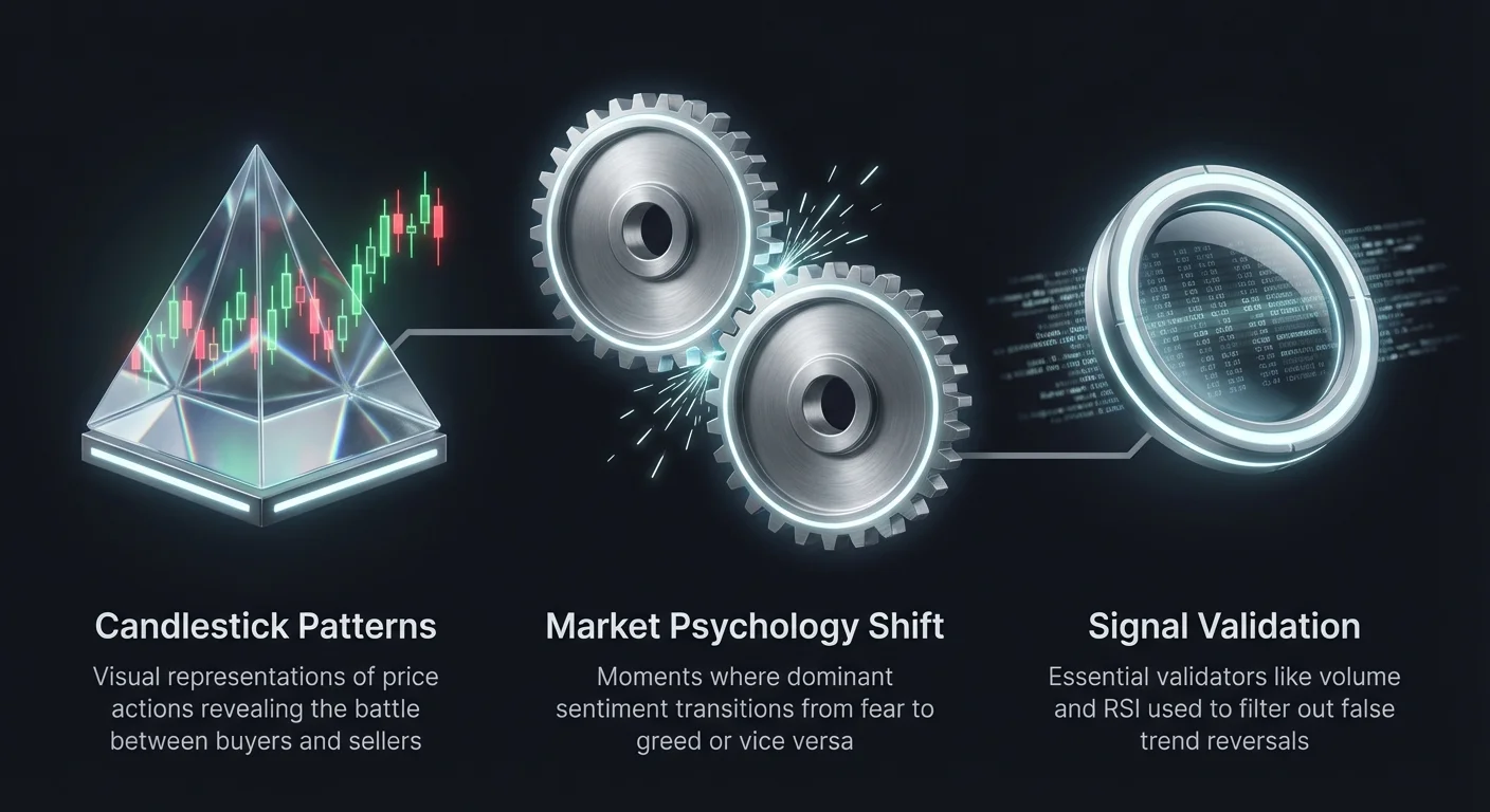 Infographic outlining three key steps in candlestick analysis: identifying patterns revealing buyer-seller battles, understanding market psychology shifts, and validating signals with volume and RSI.