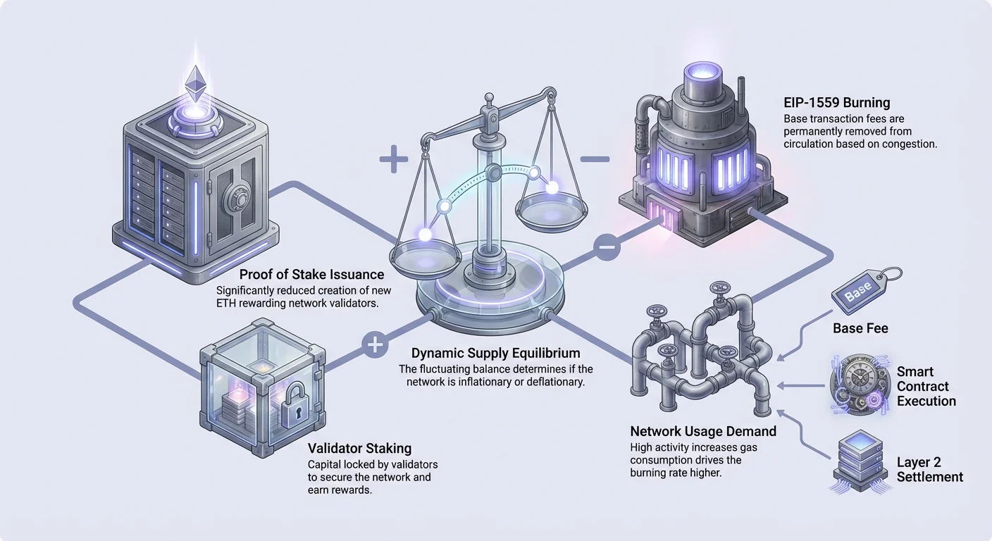 Detailed infographic on Ethereum supply schedule: PoS issuance, validator staking, network demand, EIP-1559 burning, base fees, smart contracts, L2 settlements balancing equilibrium.