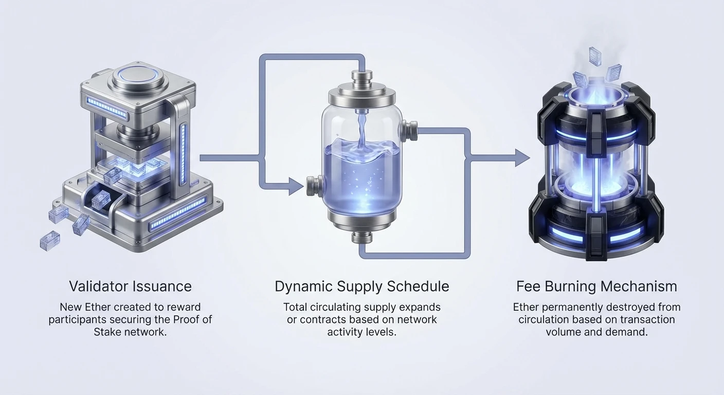 Infographic overview of Ethereum supply schedule showing validator issuance creating new Ether, fee burning destroying Ether via transactions, and dynamic supply expanding or contracting with network activity.