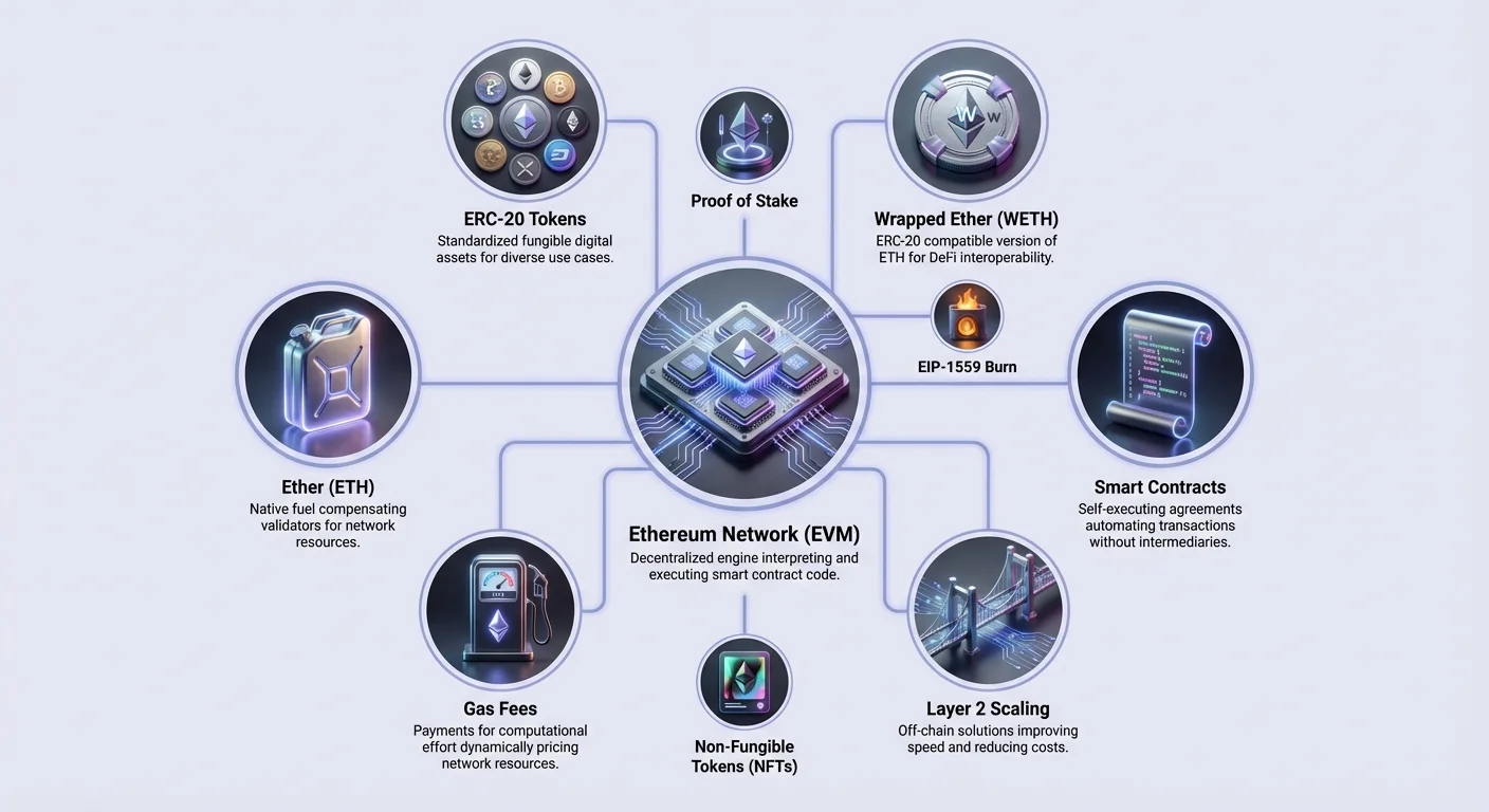 Detailed hub-and-spoke infographic of Ethereum ecosystem with EVM network at center, connecting tokens, smart contracts, and scaling solutions.