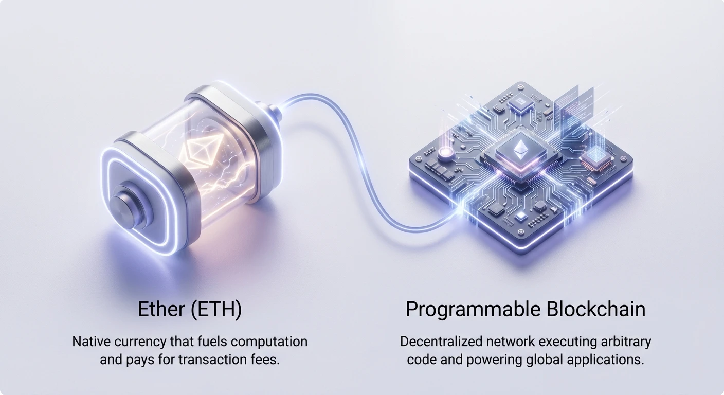 High-level infographic depicting Ether (ETH) as fuel powering the programmable Ethereum blockchain engine at its core.