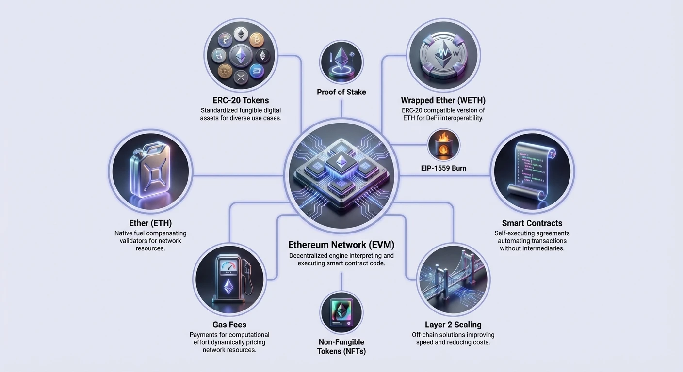 Detailed hub-and-spoke infographic of Ethereum ecosystem with EVM network at center, connecting tokens, smart contracts, and scaling solutions.