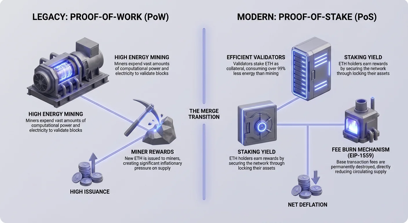Infographic comparing Ethereum's shift from Proof-of-Work to Proof-of-Stake, highlighting changes in energy use, rewards, and supply dynamics.