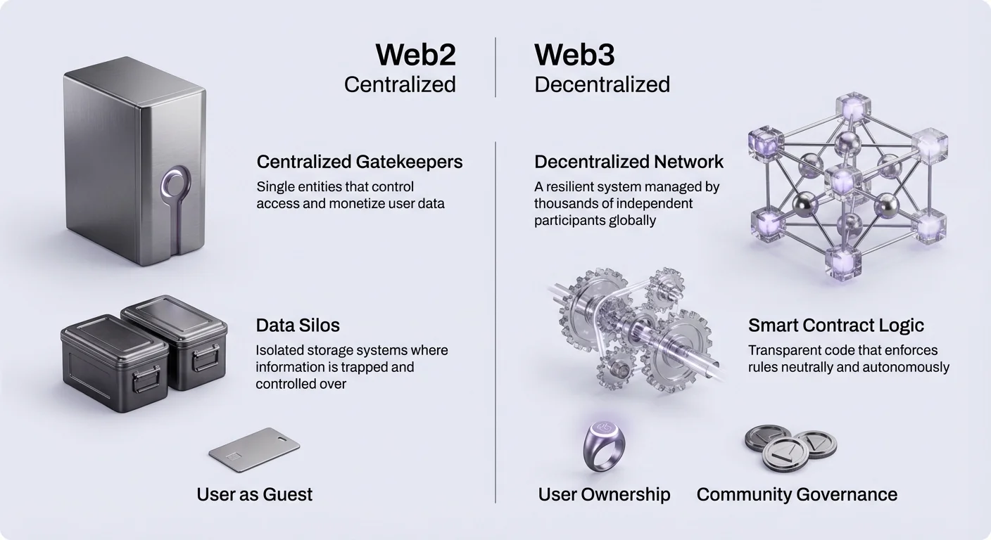 Infographic contrasting Web2 centralized model with gatekeepers and data silos against Web3 decentralized network, smart contract logic, user ownership, and community governance.