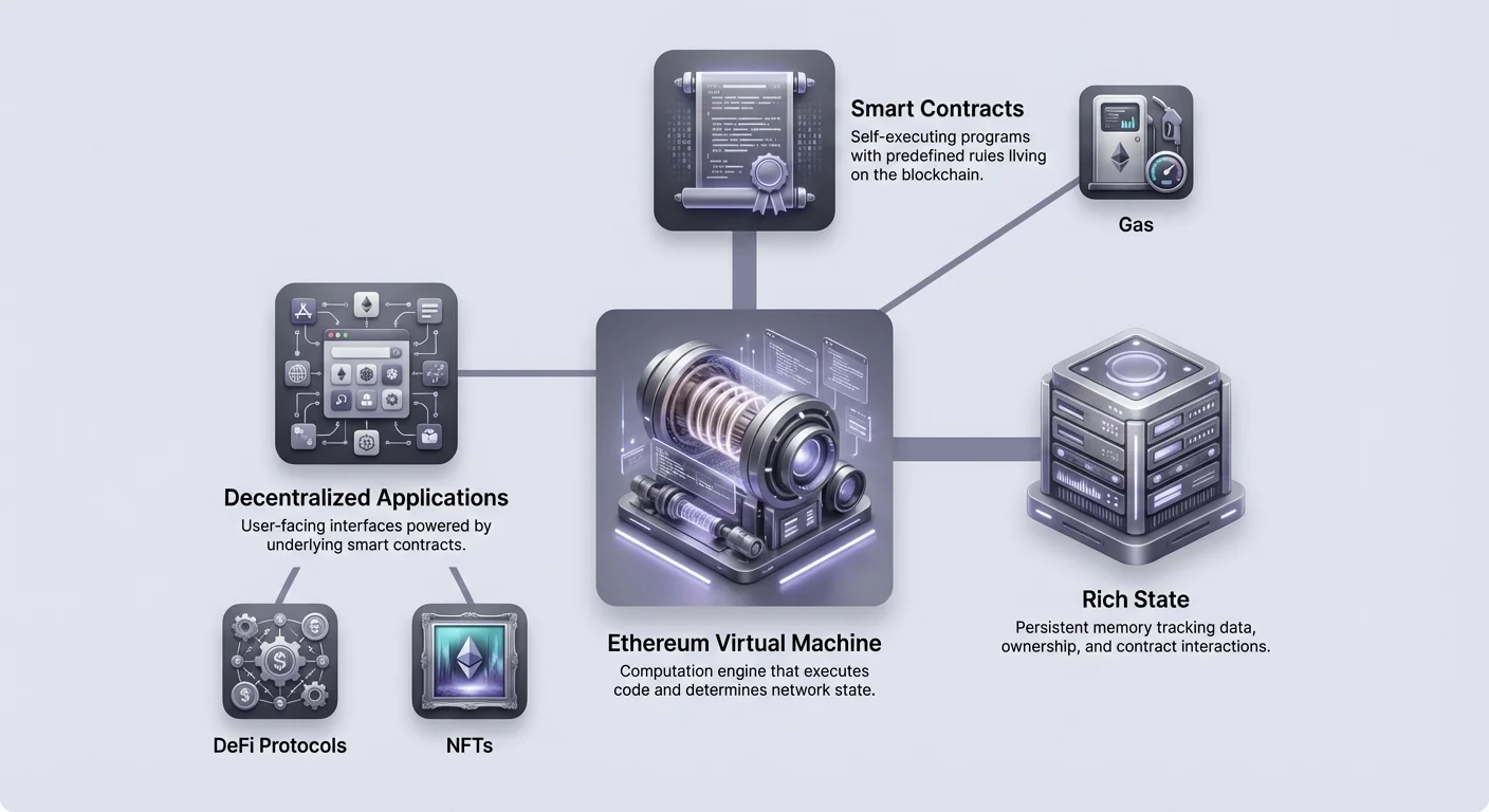 Detailed diagram illustrating Ethereum ecosystem core components, EVM, and Rich State powering smart contracts and decentralized applications.