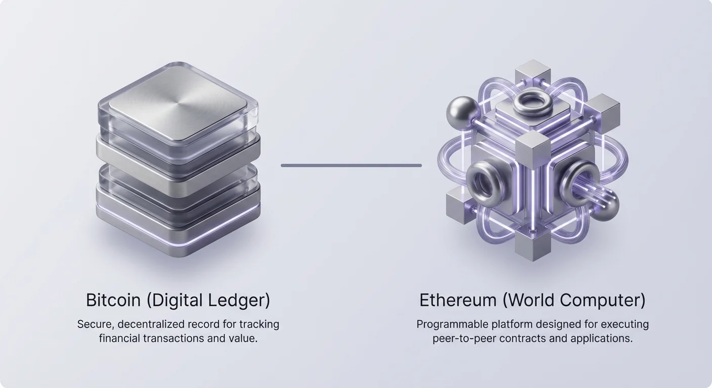 Minimalist infographic comparing Bitcoin's role as a digital ledger with Ethereum's function as a programmable world computer.