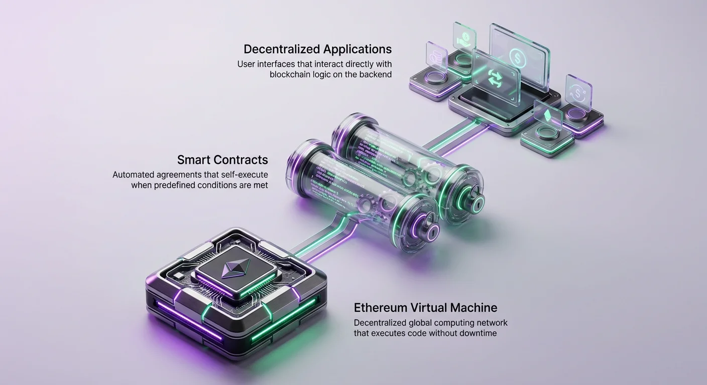 Clean minimal infographic hero image depicting the progression from Ethereum's foundational layer to decentralized finance end-user applications.