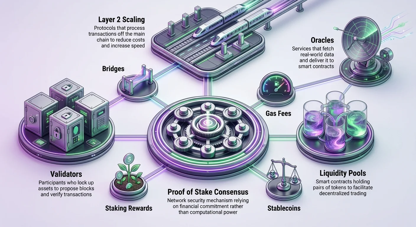 Infographic illustrating Ethereum's central Proof of Stake mechanism, branching to scaling solutions and DeFi functions with varied node sizes in a narrative diagram.