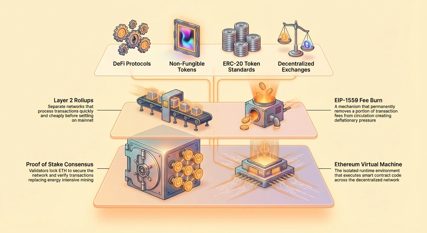 Detailed infographic of Ethereum's layered ecosystem: foundation with Proof of Stake and EVM, middle scaling via Layer 2 rollups and EIP-1559 fee burn, top utility including DeFi, NFTs, ERC-20 tokens, and DEXs.
