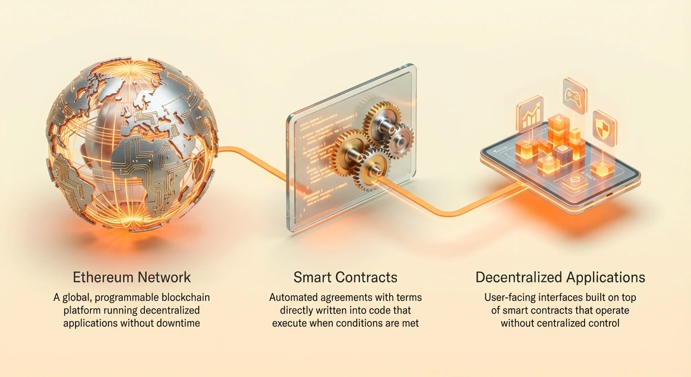 Infographic overview of Ethereum Network as a global programmable blockchain running smart contracts—automated code agreements—and powering decentralized applications without centralized control or downtime.