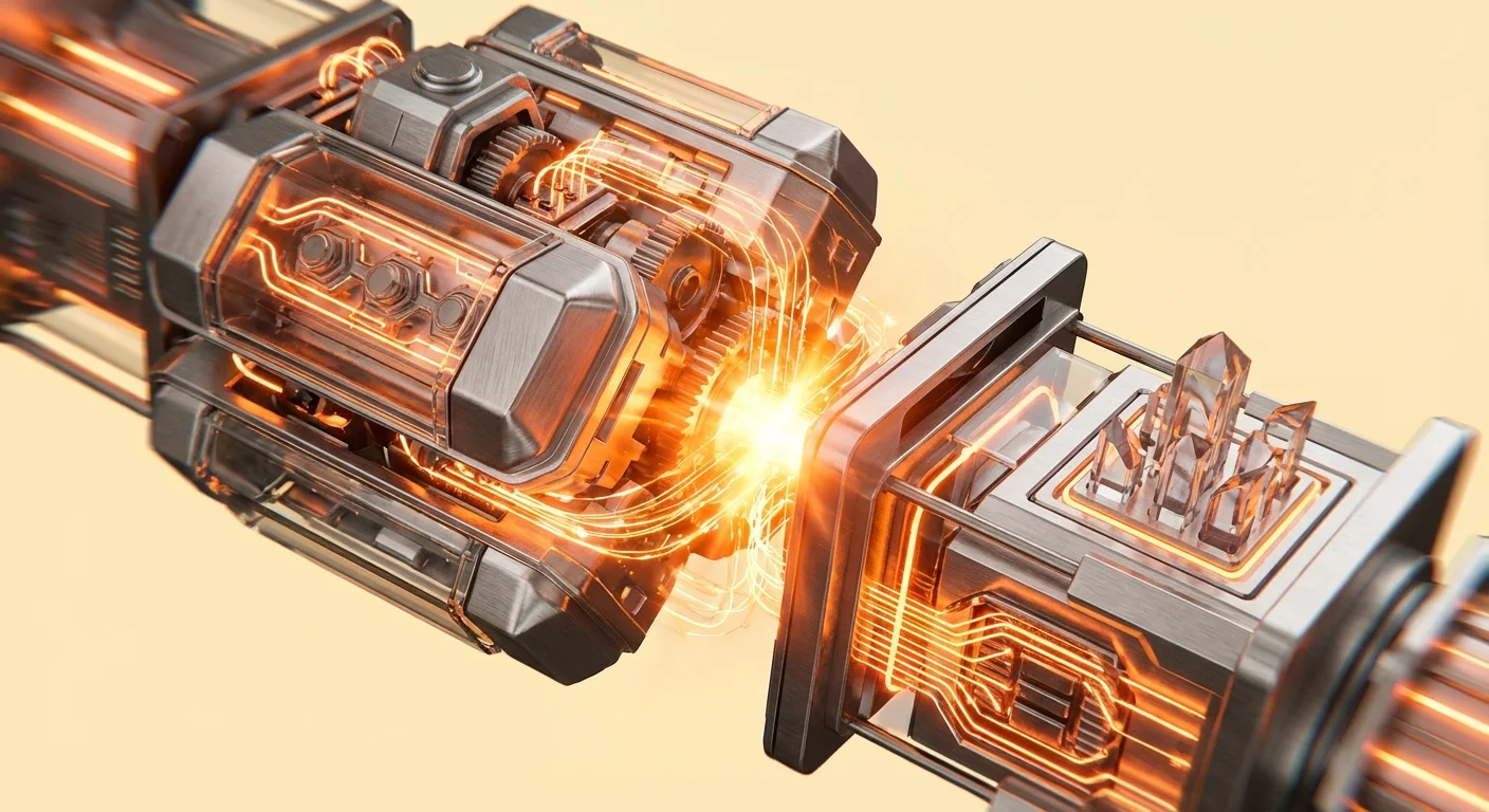 Thumbnail of two complex Ethereum modules snapping together like advanced LEGO bricks, with orange energy flash and light trails flowing, symbolizing dApp composition from smart contracts.