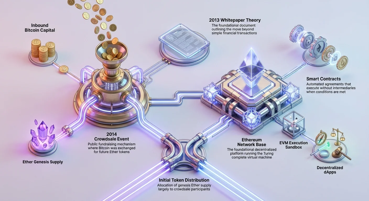Detailed infographic depicting Ethereum's 2014 crowdsale hub, Bitcoin-to-Ether transformation, initial distribution, network infrastructure, whitepaper concepts, and smart contracts with neon-glow nodes.