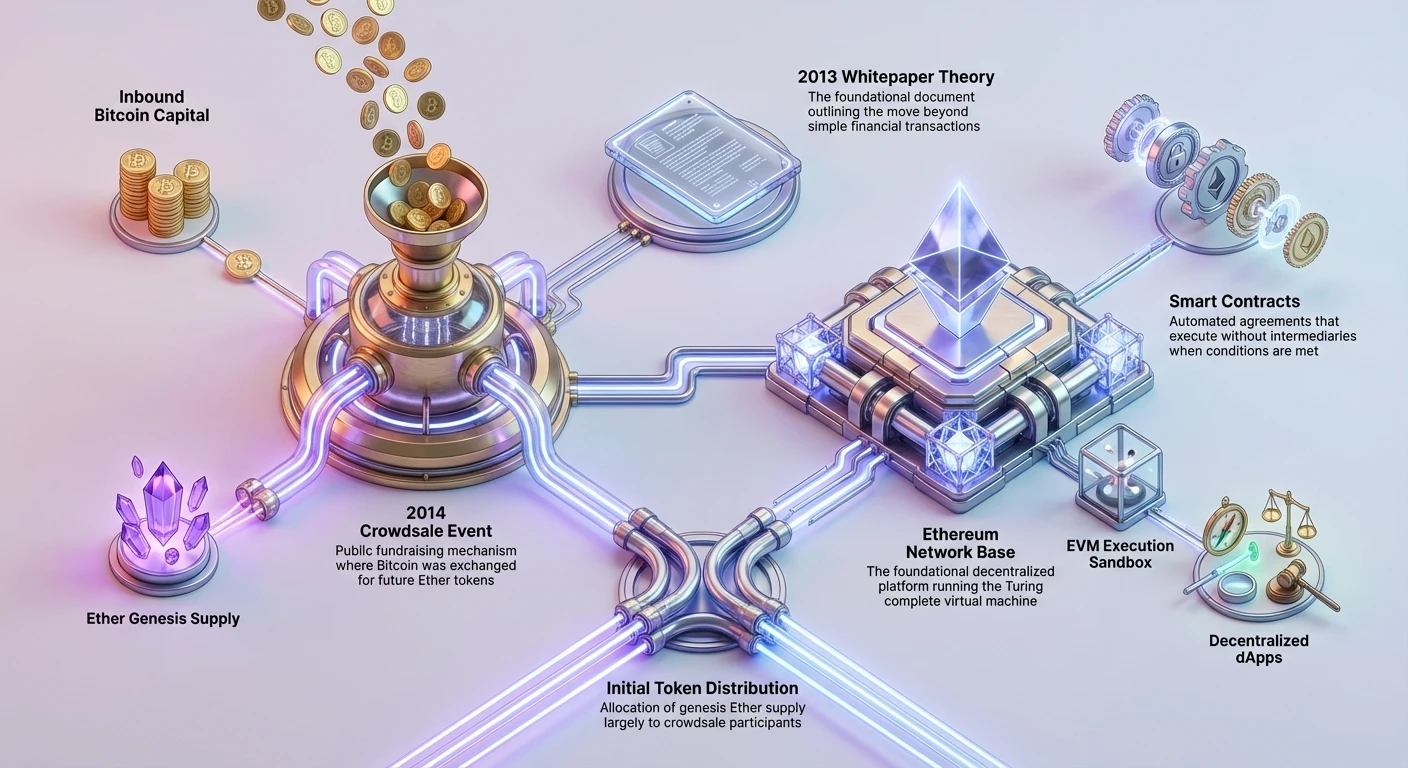 Detailed infographic depicting Ethereum's 2014 crowdsale hub, Bitcoin-to-Ether transformation, initial distribution, network infrastructure, whitepaper concepts, and smart contracts with neon-glow nodes.