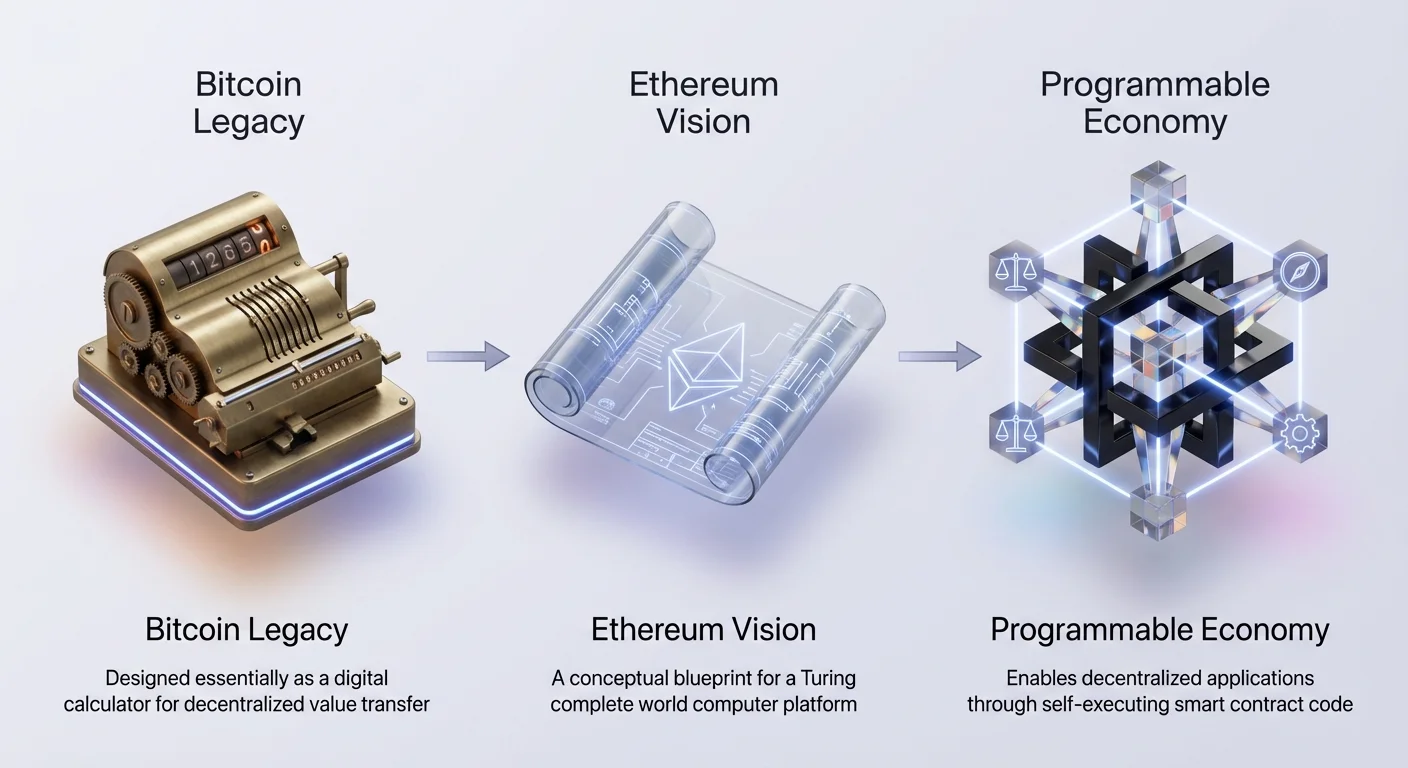 Infographic overview showing transition from Bitcoin legacy to Ethereum vision of programmable economy, with photorealistic macro objects connected by neon digital flow lines on gradient background.