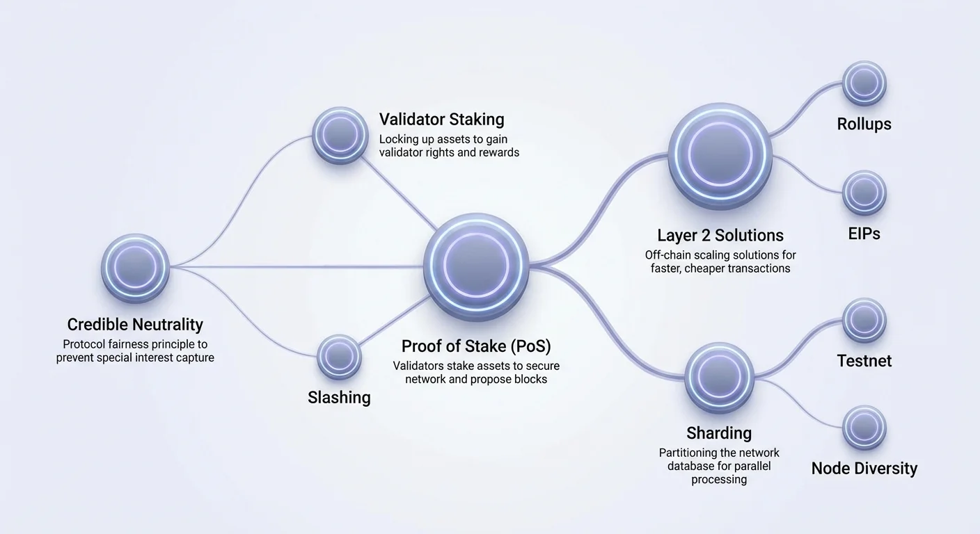 Detailed infographic illustrating Ethereum's evolution, shift to Proof of Stake, Layer 2 solutions, and credible neutrality principle.