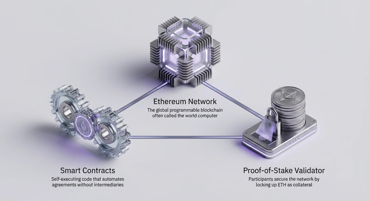 High-level infographic of Ethereum's core components: programmable blockchain network called the world computer, self-executing smart contracts, and Proof-of-Stake validators securing with ETH collateral.