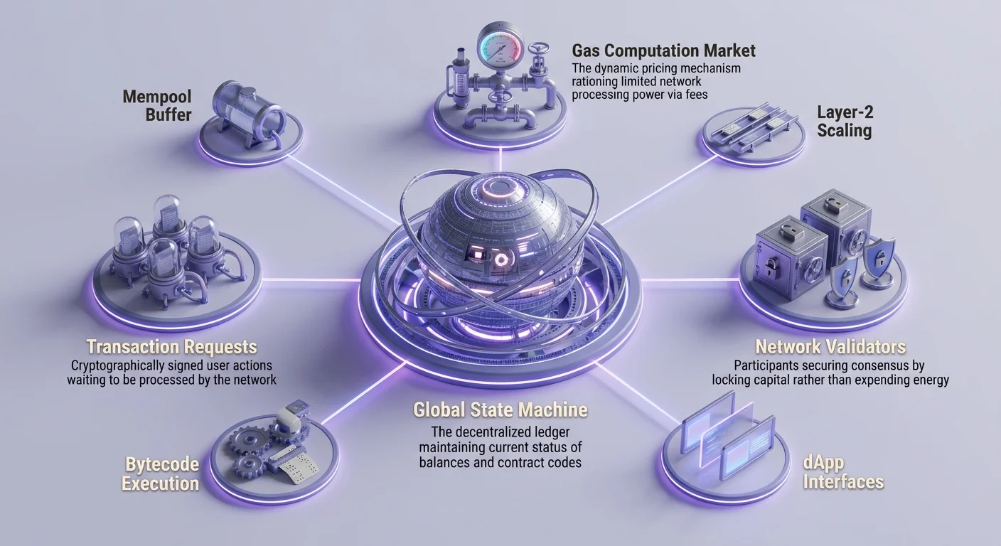 Detailed infographic of Ethereum ecosystem as hub-and-spoke diagram with central Global State Machine connected to transaction requests, gas market, validators, mempool, bytecode, Layer-2 scaling, and dApp interfaces.