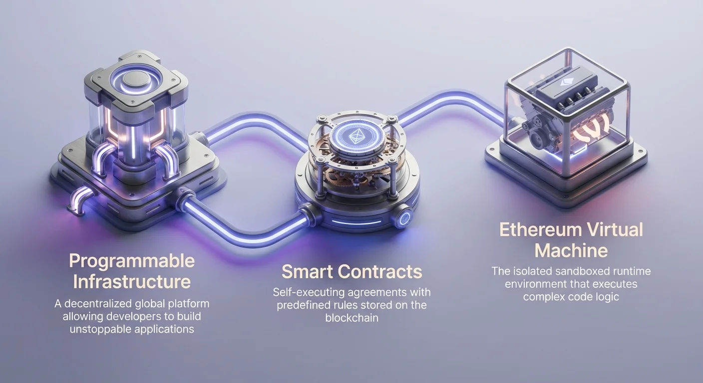 Photorealistic infographic depicting Ethereum's programmable infrastructure flowing into smart contracts executed by the EVM, with interconnected neon-accented nodes and key descriptive labels.