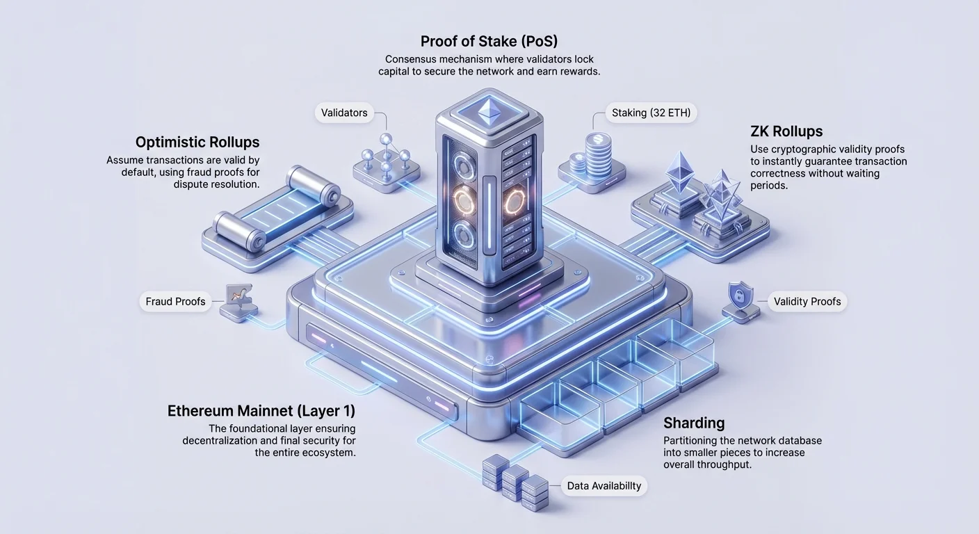 Detailed infographic illustrating Ethereum's modular evolution: mainnet base layer extended by Layer 2 solutions and upgrades to resolve the blockchain trilemma.