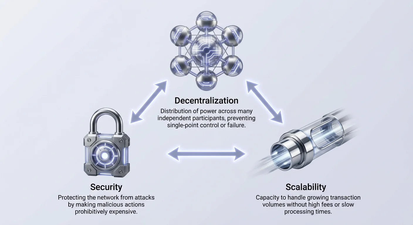 High-level infographic illustrating the blockchain trilemma as a balance between decentralization, security, and scalability in a clean visual format.
