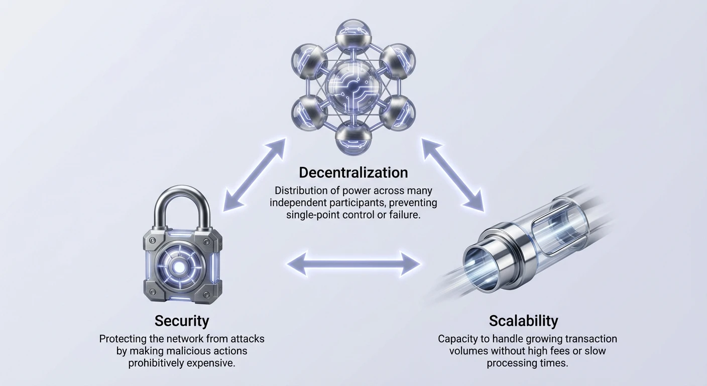 High-level infographic illustrating the blockchain trilemma as a balance between decentralization, security, and scalability in a clean visual format.