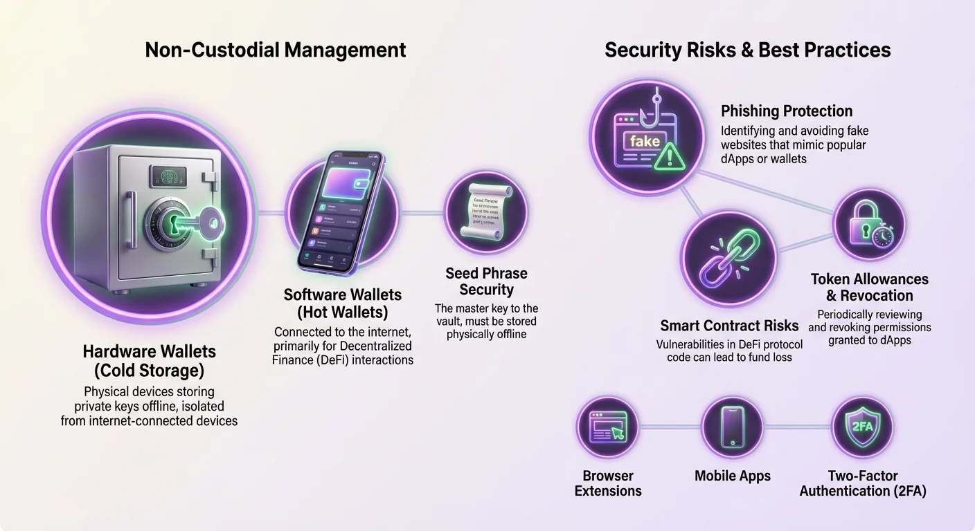 Infographic comparing non-custodial wallet management against security risks and best practices in EVM Layer 2 networks.